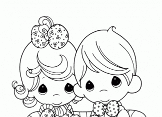 Colorir página menino e menina sentados em um banco em um desenho animado de momentos preciosos