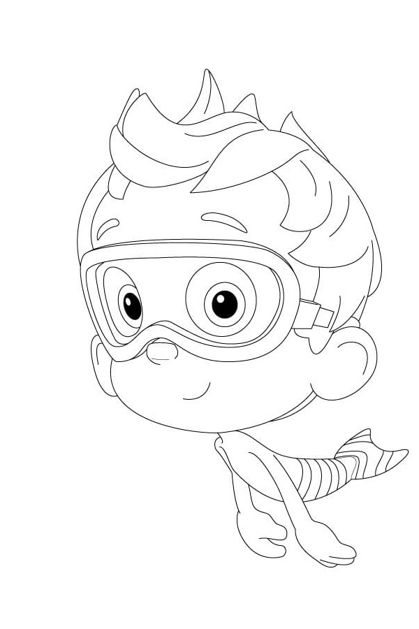 バブルグッピー漫画から水泳ゴーグルを持つ着色ページ少年