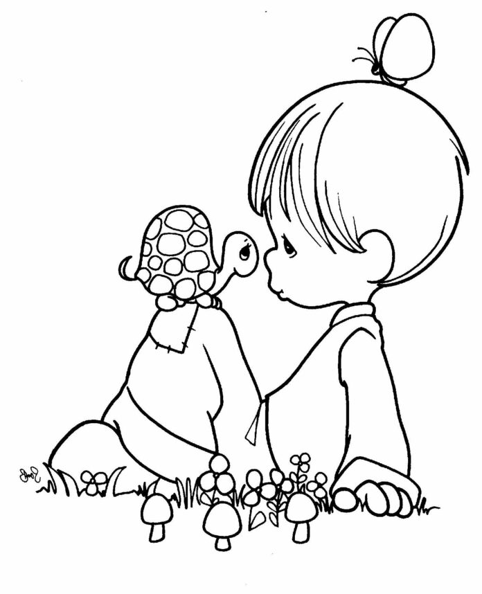 Coloring page of a boy playing with a catch