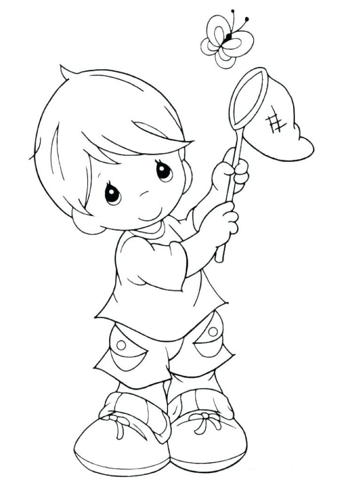 coloring page boy catches butterflies