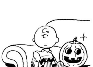 pagina da colorare ragazzo vicino alla zucca di Halloween
