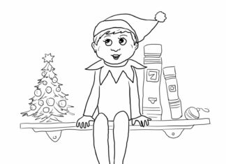 coloring page of a boy sitting on a shelf