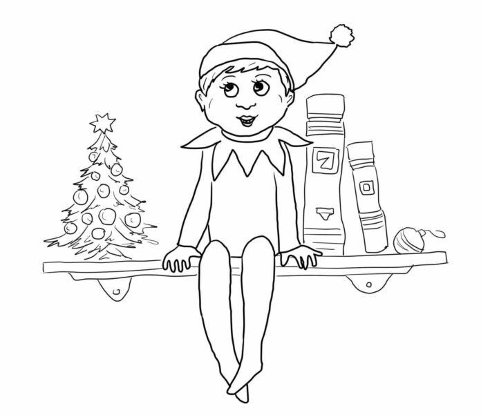 coloring page of a boy sitting on a shelf