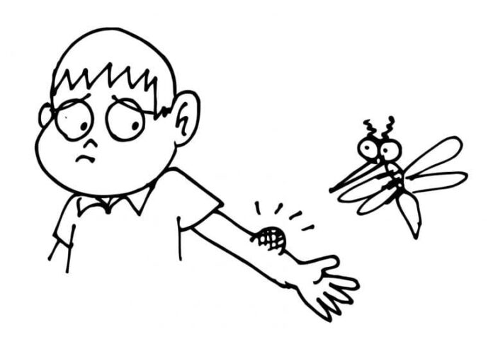 livre de coloriage d'un garçon piqué par un moustique