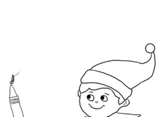 színező oldal egy fiú egy zsírkrétával és egy kalapot viselve
