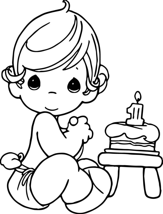 página para colorear niño con tarta de los preciosos momentos del cuento de hadas
