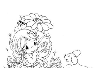 värityskirja, jossa tyttö haravoi kukkia arvokkaista hetkistä sarjakuvasta