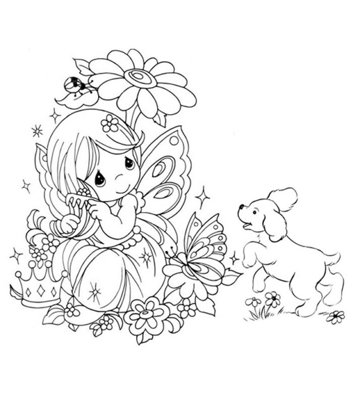 Coloring book of a combing girl around flowers from precious moments cartoon