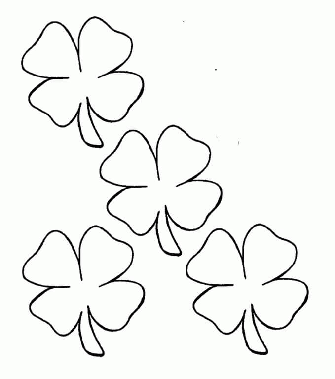 página para colorear cuatro tréboles de cuatro hojas para niños