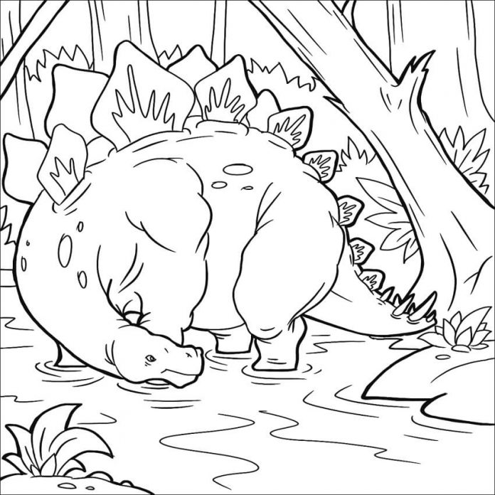Dinosaur coloring book looking for food in the water