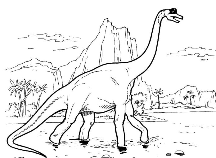 kolorowanka dinozaur przemierzający krainę