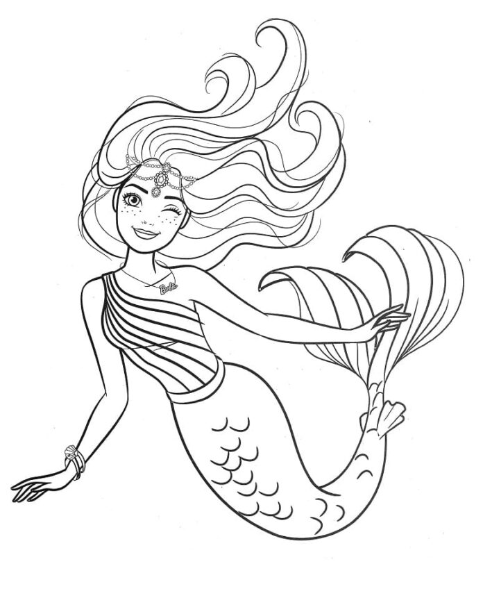 coloring page long-haired mermaid barbie