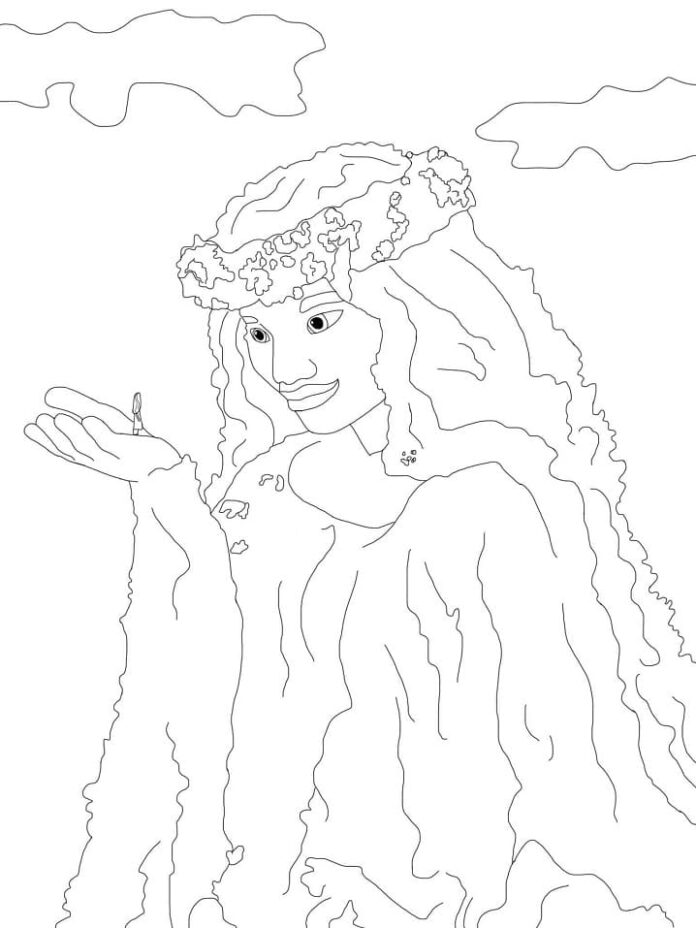 Coloring book of a large character holding a small one in the byte Moana