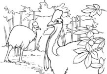 Coloring page of large birds hiding in the forest