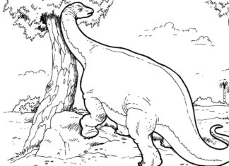 Coloring book of a large reptile trying to get the crown of a tree