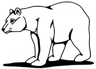 Printable coloring book of a large bear walking in the mountains