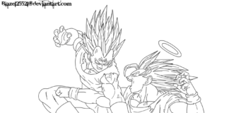 Coloring page of two characters fighting each other