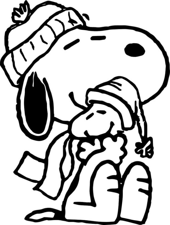 Coloring page of two peanuts cartoon characters hugging each other