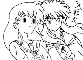Coloring page of two smiling characters from the inuyasha cartoon
