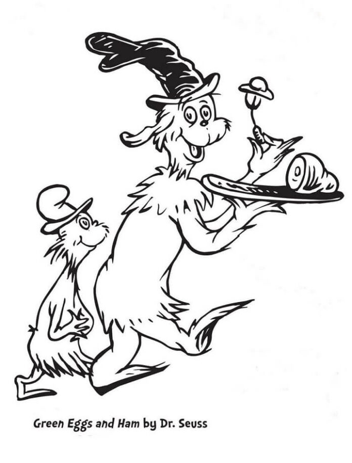 グリーンエッグ＆ハムの2つの漫画のキャラクターの着色ページ。