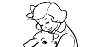 Página de coloração menina abraça um cordeiro bebê