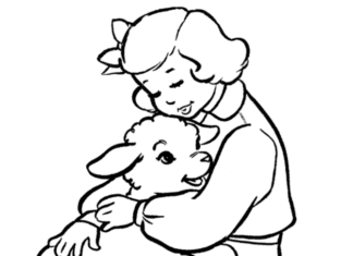 Färgsida flicka kramar en baby lamm