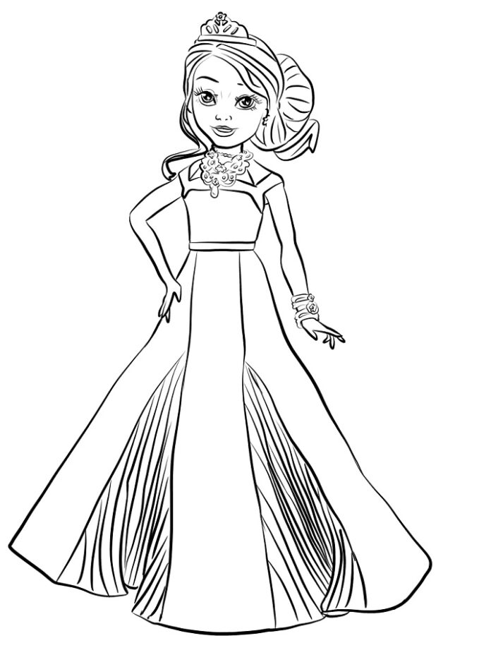 Página colorida da menina com o vestido coroado dos descendentes dos contos de fadas