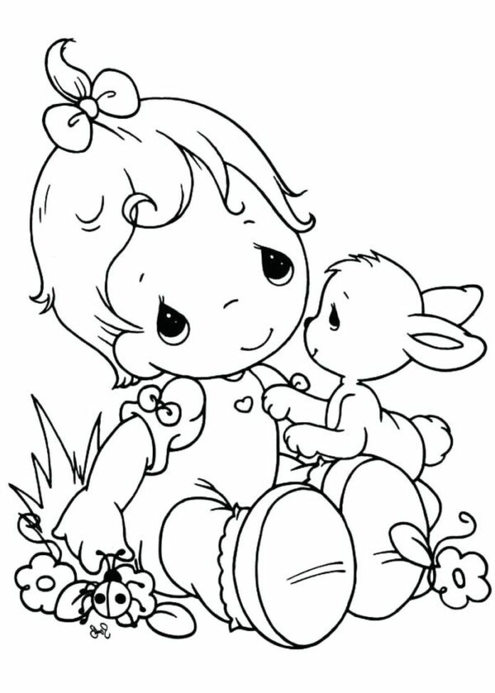 Coloring book of a girl playing with her pet in a precious moments cartoon