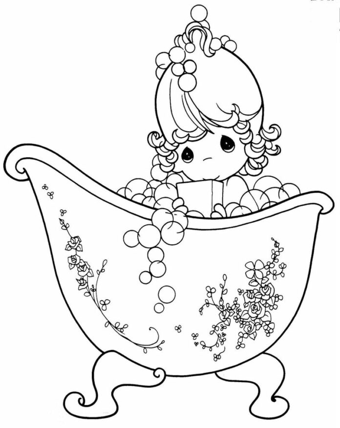 Livre de coloriage d'une fille prenant un bain dans un conte de fées de moments précieux