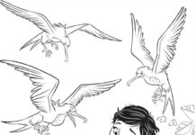 Ein Malbuch mit einem Mädchen, das im Märchen Moana Vögel verjagt