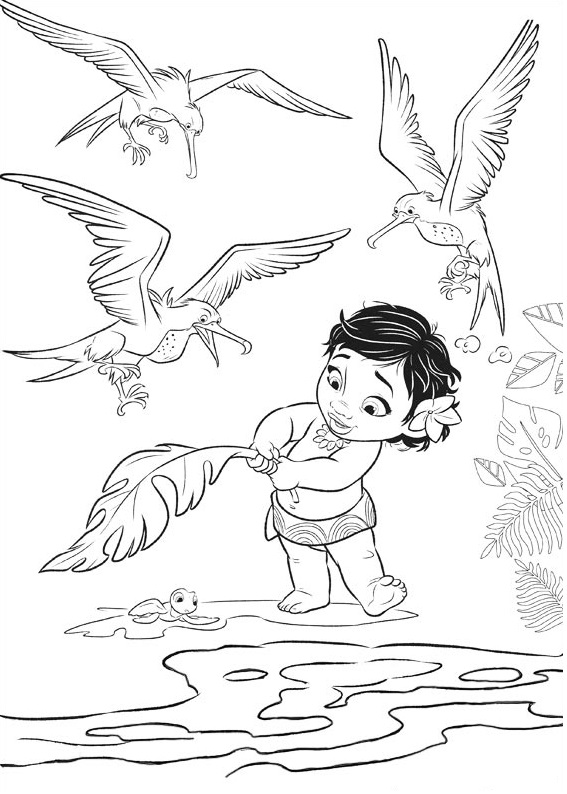 Värityskirja tytöstä, joka jahtaa pois lintuja sadussa Moana.