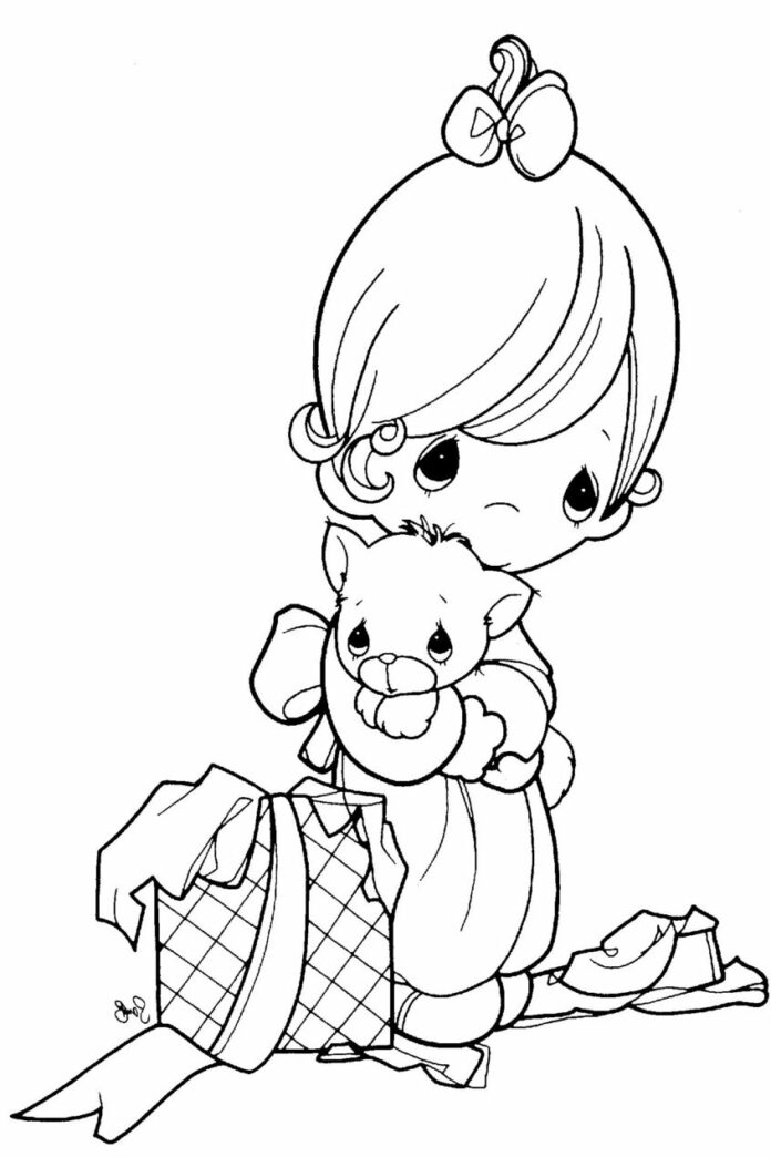 Coloring book figure of a girl with a cat