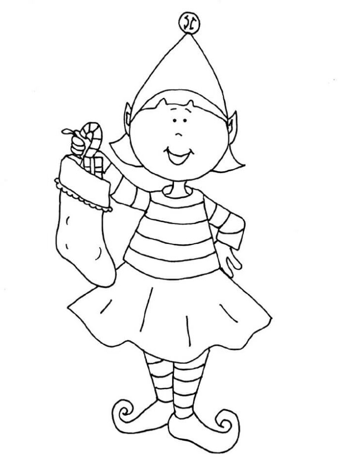Coloring book of a girl with a Christmas sock