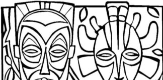 coloring page strange masks of folk culture from africa