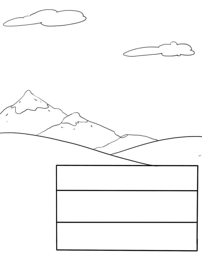 Omalovánky k vytisknutí s vlajkou Autsrie s horami v pozadí