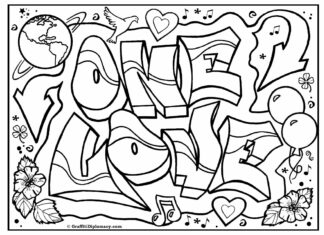 farvelægning af graffiti med ordet ONE LOVE