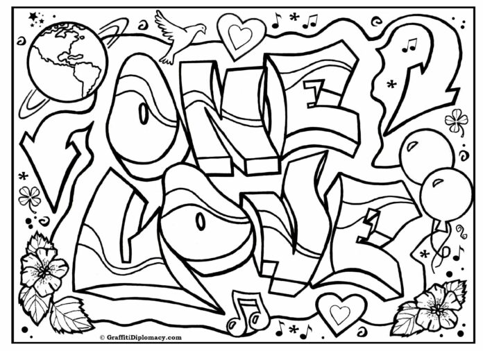 kolorowanka graffiti z napisem ONE LOVE