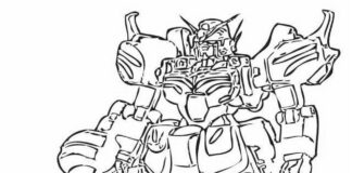 Színező lap a Gundam rajzfilmben szereplő fenyegető robotról, fegyverrel a kezében