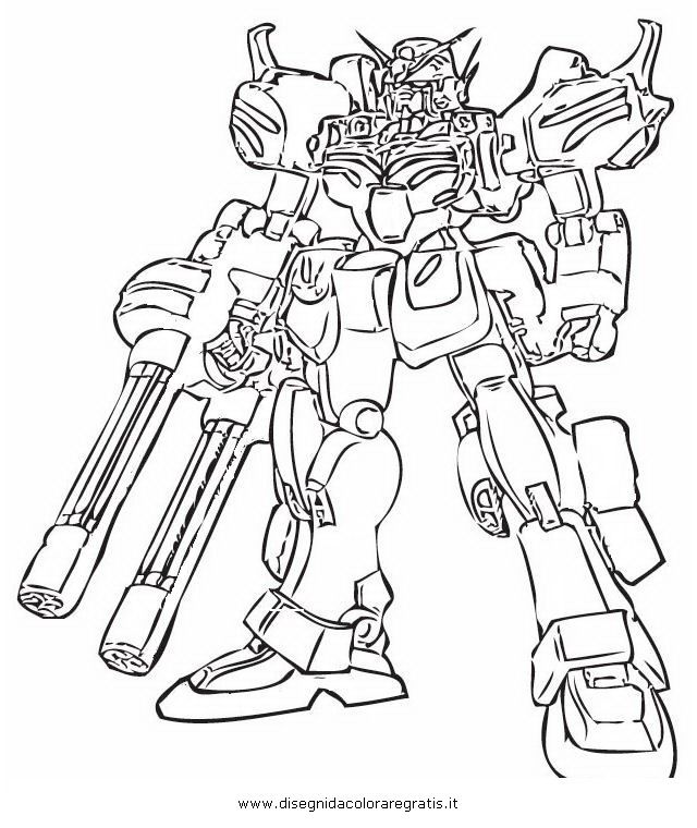Színező lap a Gundam rajzfilmben szereplő fenyegető robotról, fegyverrel a kezében
