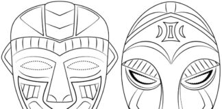 zbarvení stránky zajímavé africké masky šablona k vytisknutí