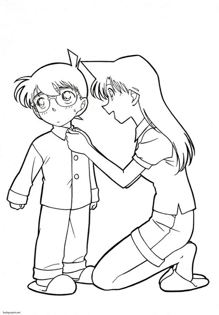 Coloring page of a woman buttoning a boy's shirt