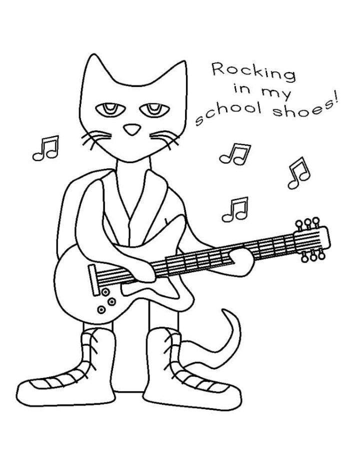 Omaľovánka mačky hrajúcej na gitaru a spievajúcej