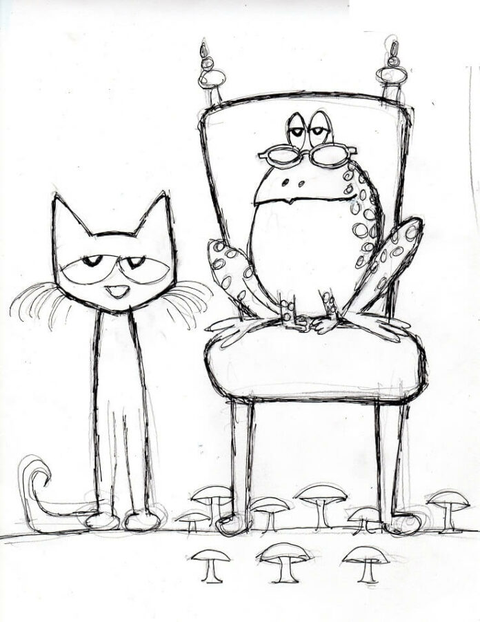 Coloring book cat and frog on a chair