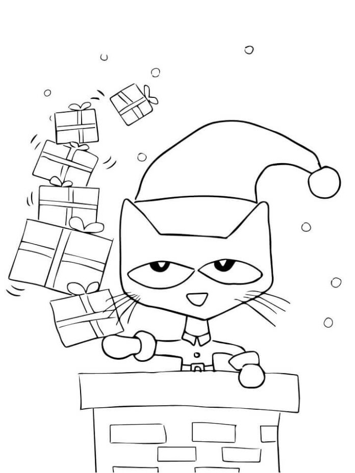 A coloring book of a cat as Santa Claus