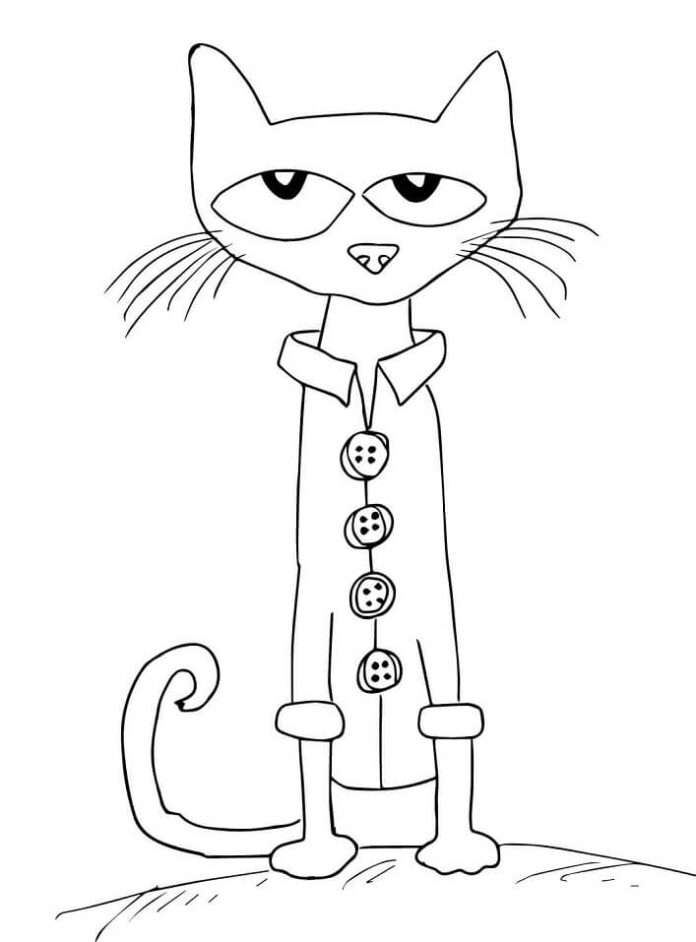 Coloring page of a cat wearing a shirt with buttons