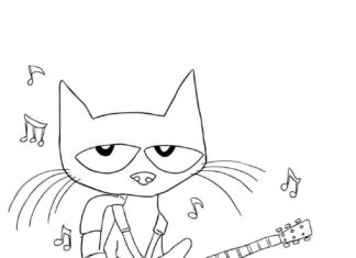 värityskirja, jossa kissa kouluttajissa soittaa kitaraa