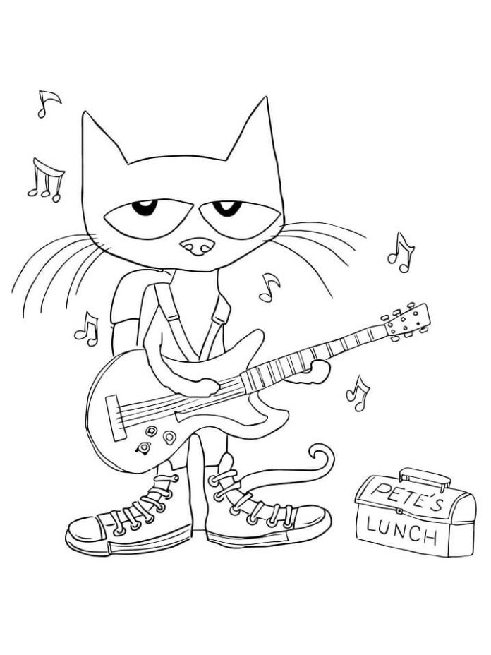 Coloring page of cat in sneakers playing guitar
