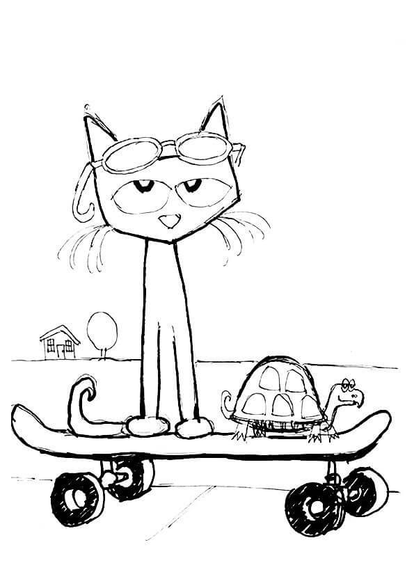 Coloring book of a cat with a turtle on a skateboard