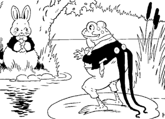 Coloring book rabbit and frog in the fairy tale Rabbit Peter
