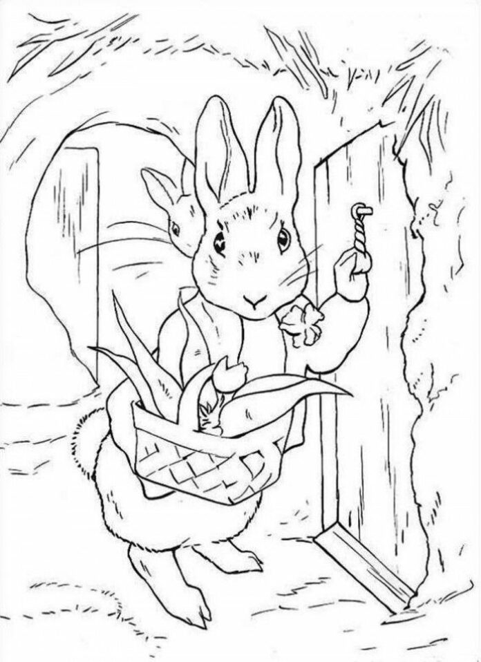 Coloring book rabbit with a basket of carrots